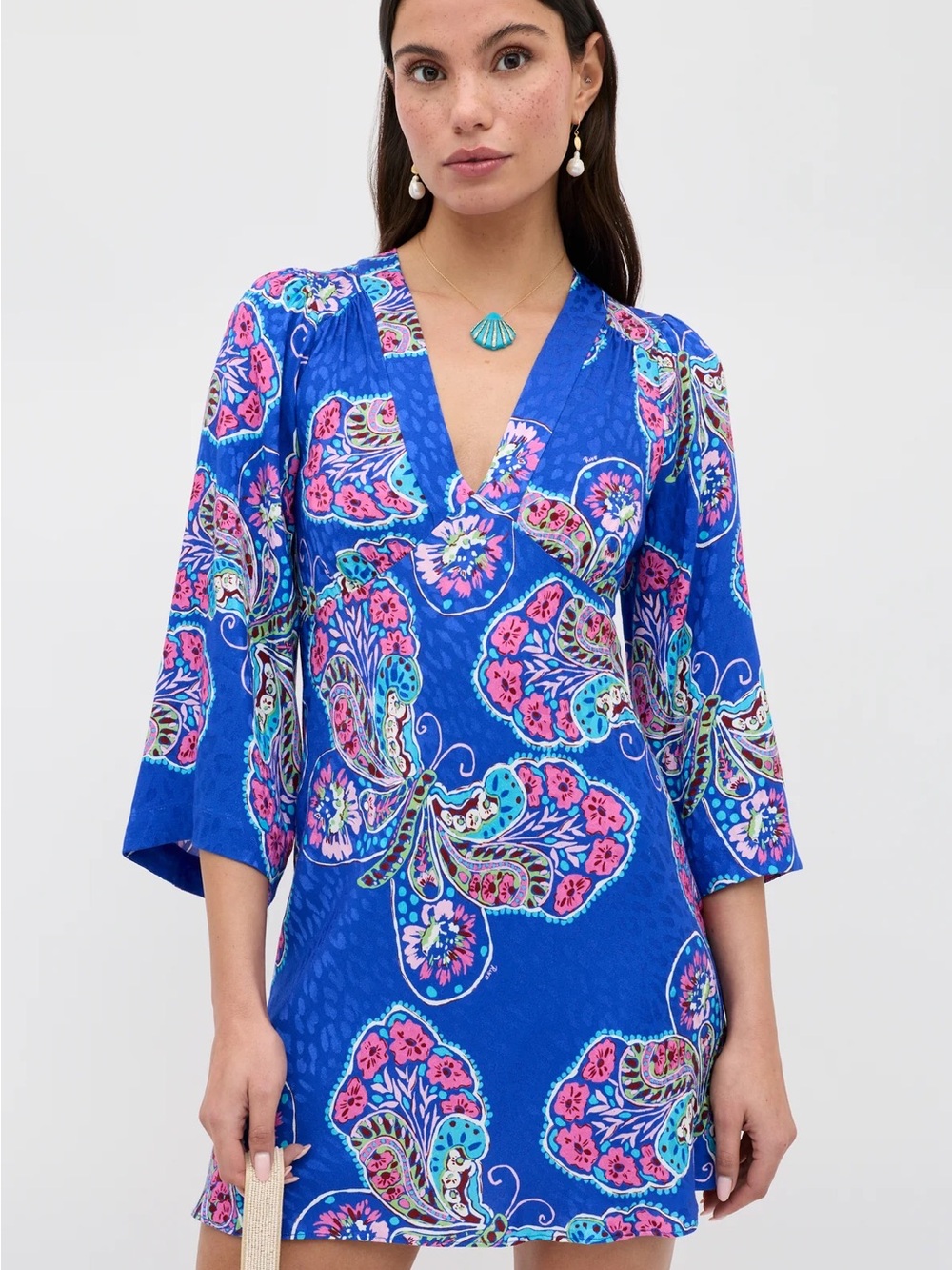 RIXO NWT Blue Floral Paisley Mini Dress with Pink & Turquoise Accents
